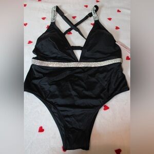 NWT - Victorias Secret Shine Logo Plunge Swim Suit